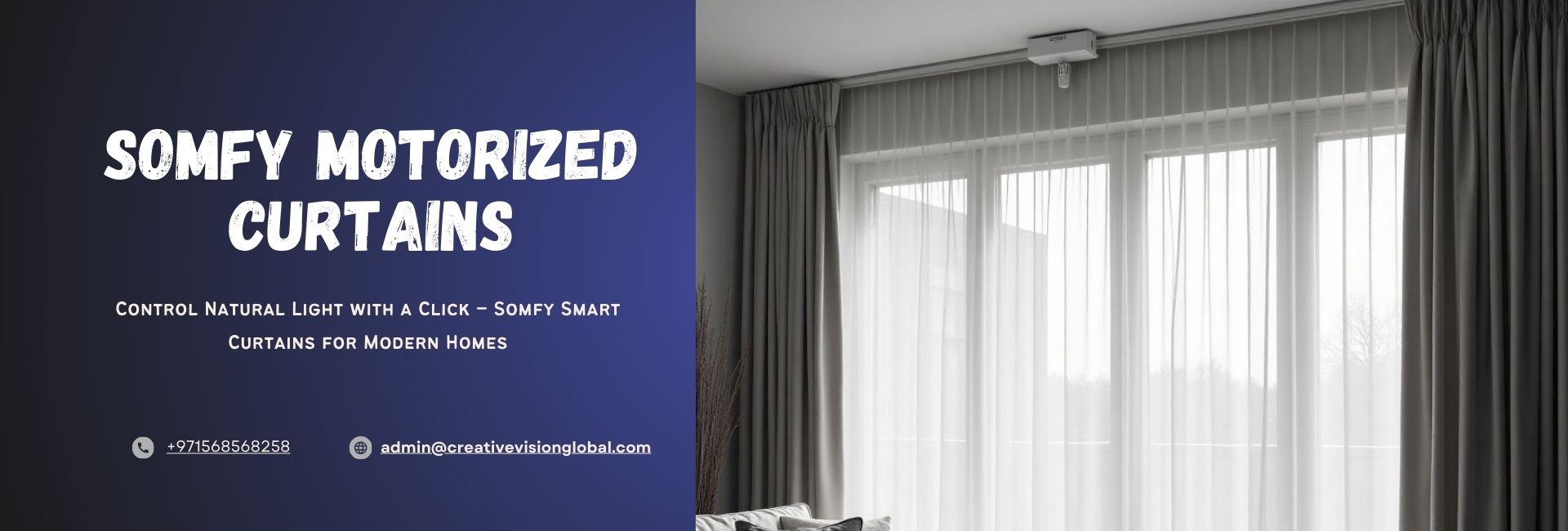 Somfy motorized curtains with sheer drapes in a modern living room, offering smart control and luxury style.