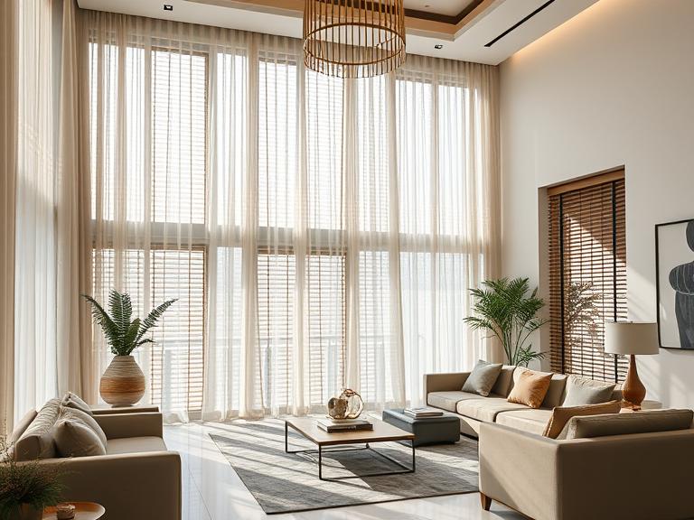 Modern Dubai interior living room with large windows, elegant curtains flowing gently, layered with wooden blinds, soft natural sunlight, luxury decor, contemporary furniture, cozy and bright ambiance  professional interior design aesthetic”