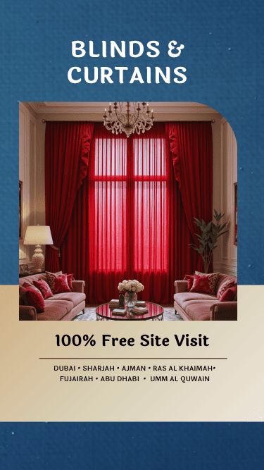 Modern living room with stylish curtains, roller blinds, and wood-look SPC flooring in Dubai