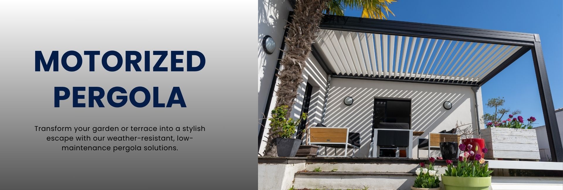 Aluminum motorized pergola installed in a Dubai villa backyard