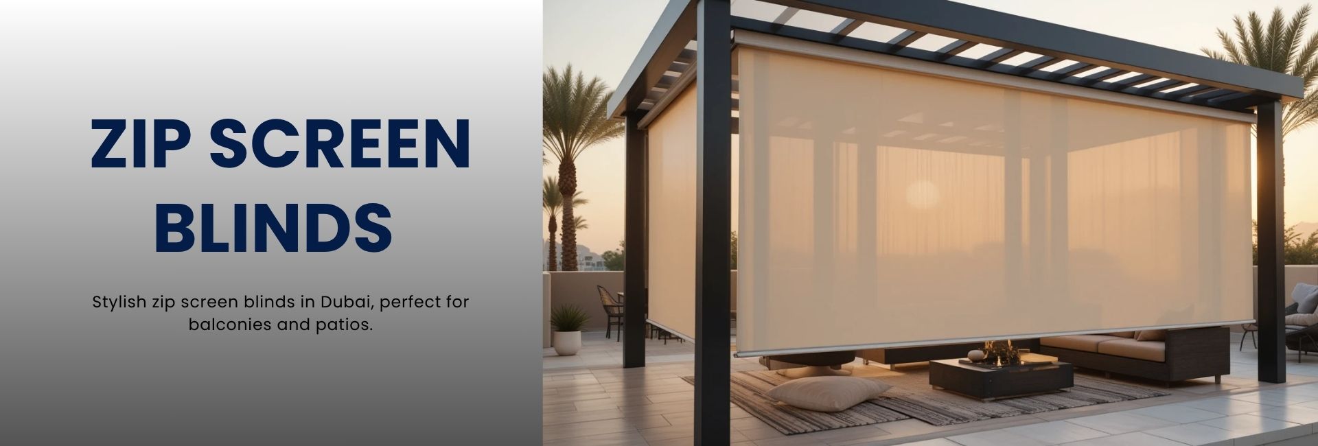 Modern outdoor pergola with motorized zip screen blinds in Dubai – perfect for balconies and patios.