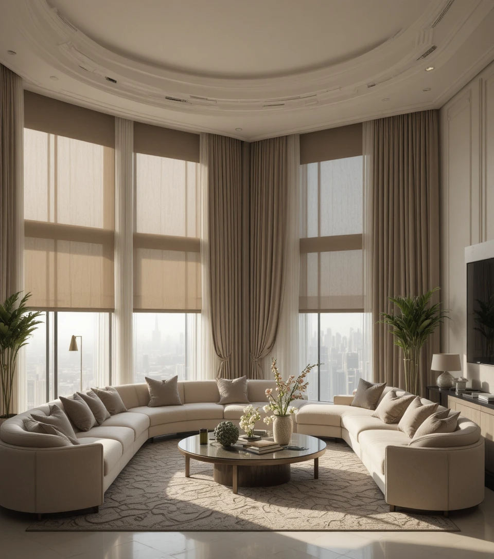 Modern blackout curtains in Dubai living room reducing sunlight and saving energy